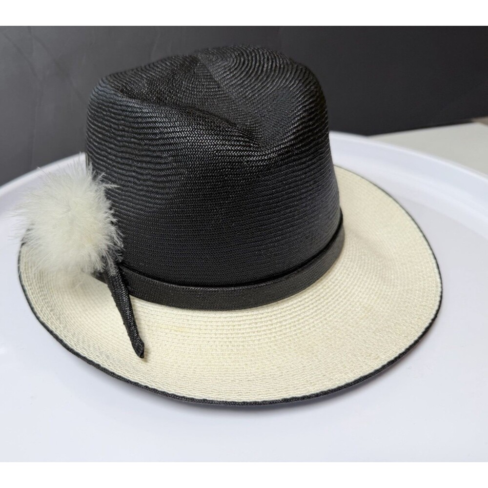Vintage Mr John Classic Hat Black Ivory Straw Fedora delicate Pom Pom NY Paris - Picture 7 of 16
